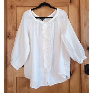 Lauren Ralph Lauren 100% Linen 3X White Peasant Top Shirt Ruffle Minimalist